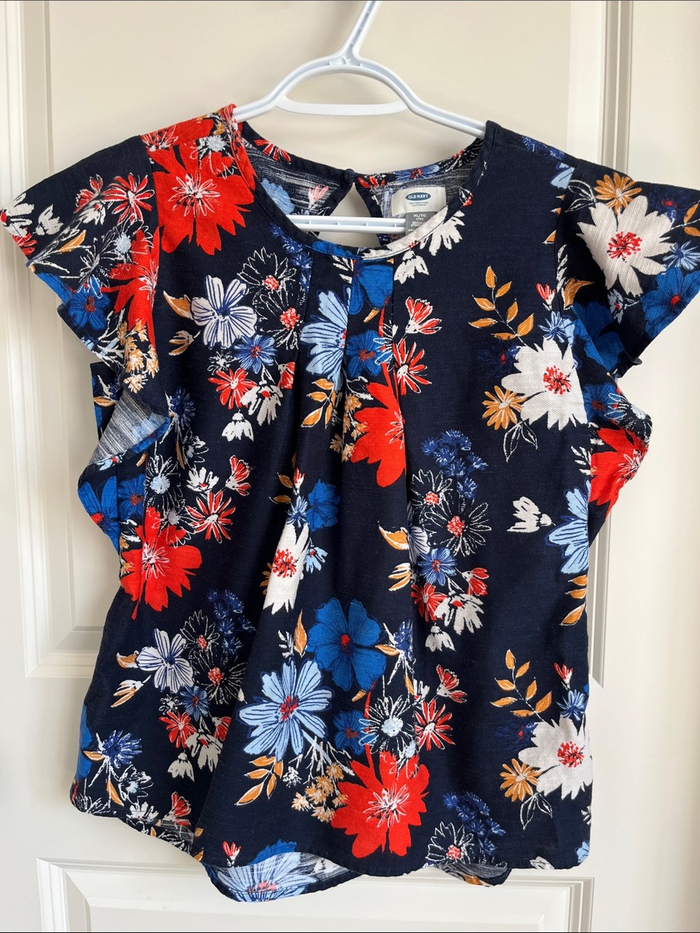 Old Navy Navy Floral Keyhole Blouse with Red and Blue Blooms